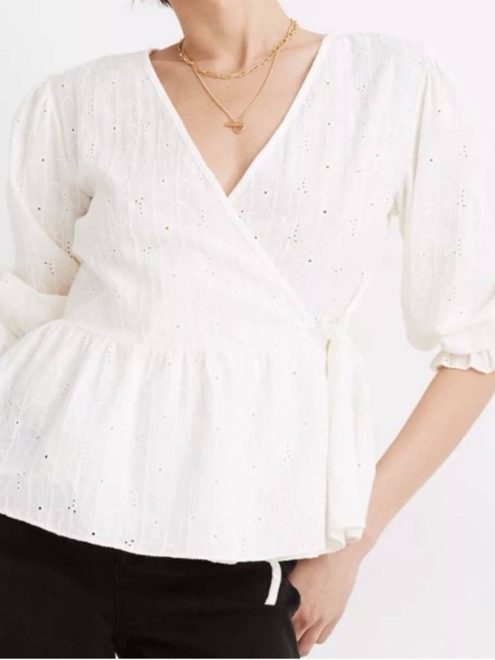 Madewell Embroidered Ivory Off White Eyelet Puff Sleeve Peplum Wrap Top Size XS